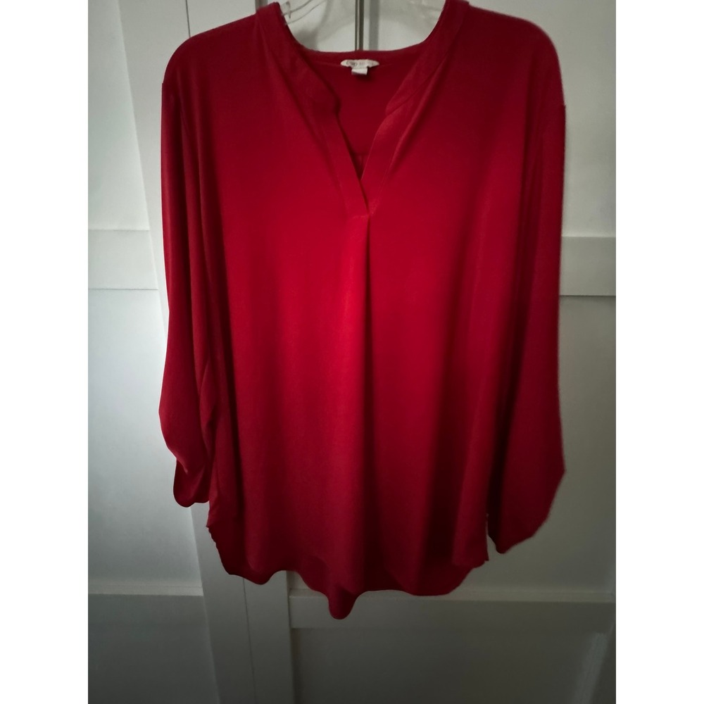 Cato Red Tunic Blouse XL Split V-Neck Roll Tab 3/4 Sleeve Silver Ring Detail Top - Picture 6 of 9